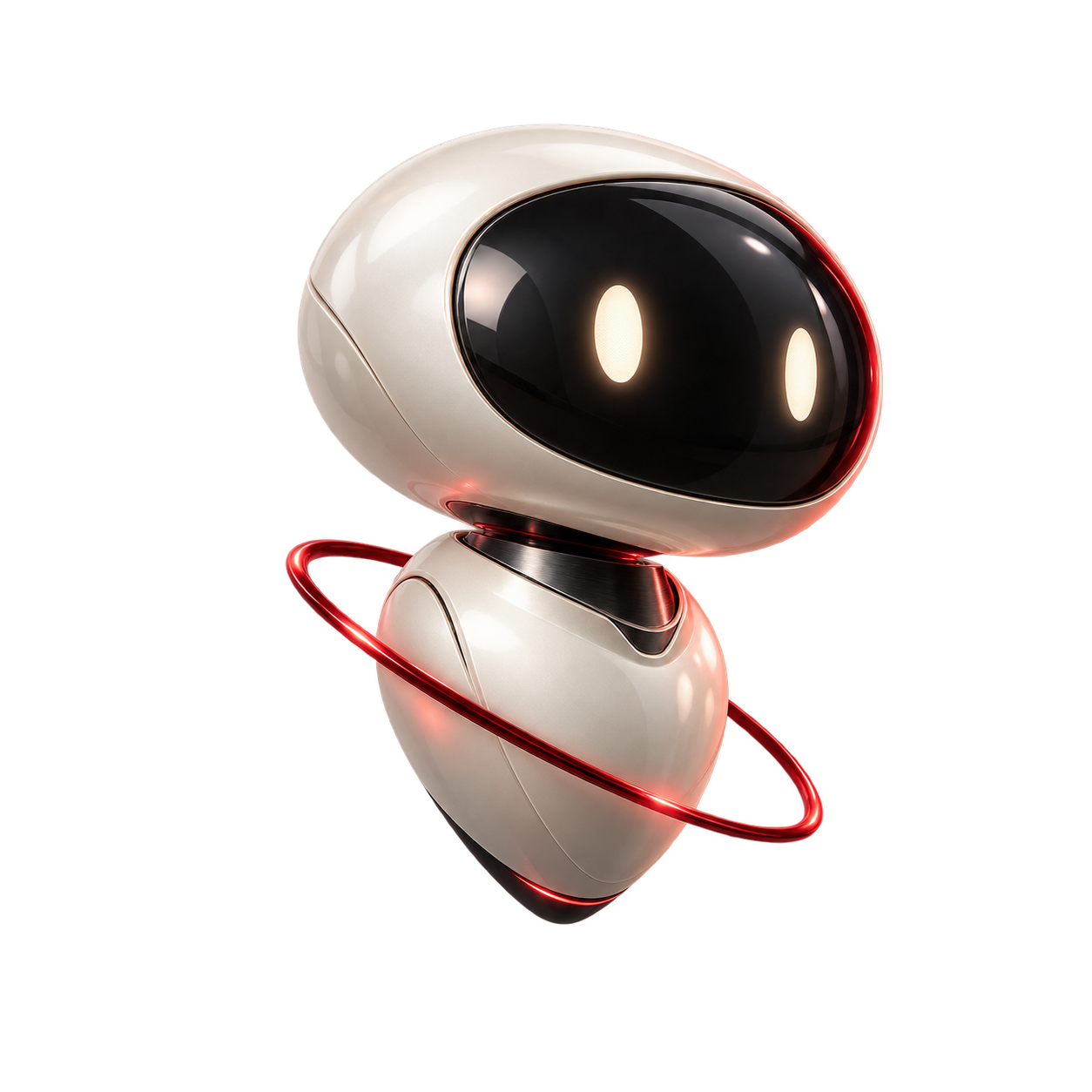 Lumi, Lumin’s floating ivory AI companion with a dark face and a red orbital ring
