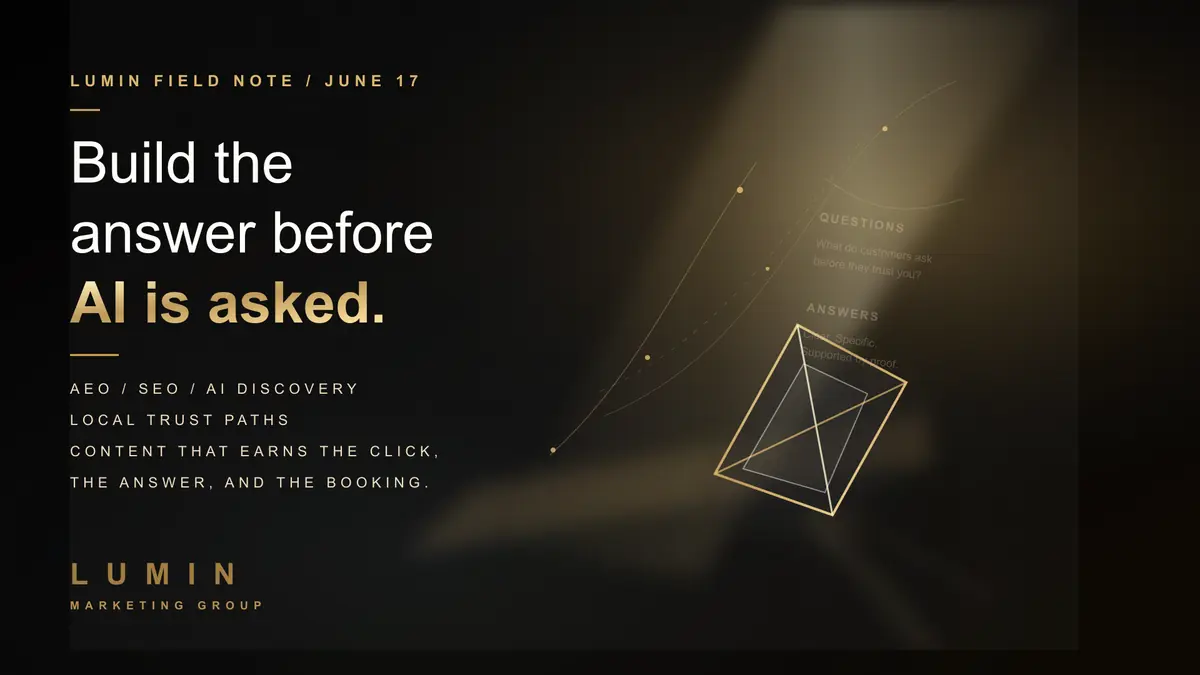 Black cinematic Lumin Marketing Group graphic about AEO content blocks, AI discovery, SEO, local trust paths, and Edmonton business visibility.