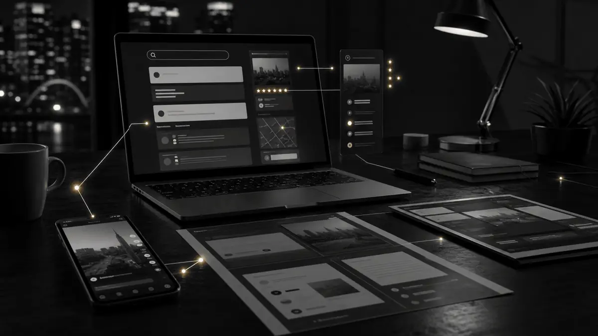 Cinematic black and white Lumin Marketing Group image showing a laptop, phone, review signals, and connected local search visibility system.