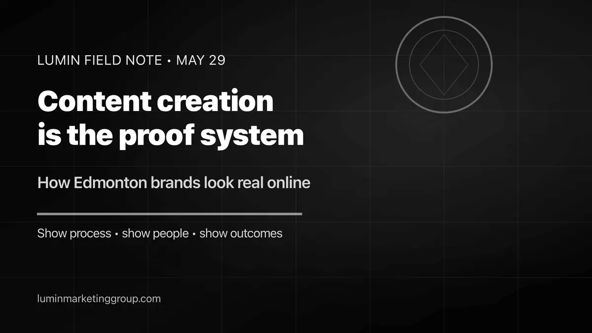 Black and white Lumin Marketing Group graphic: content creation is the proof system for Edmonton businesses—process, people, and outcomes.