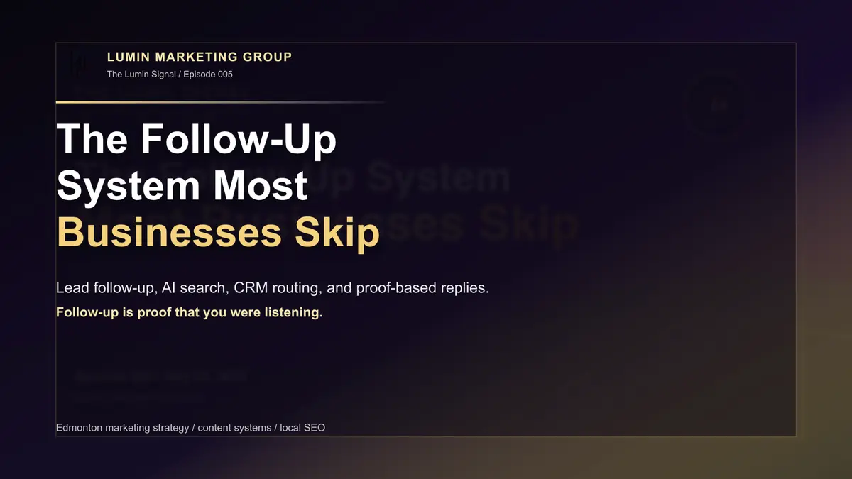 Purple and gold Lumin Marketing Group graphic about the follow-up system most businesses skip, lead generation, AI search, inquiry routing, and proof-based replies.