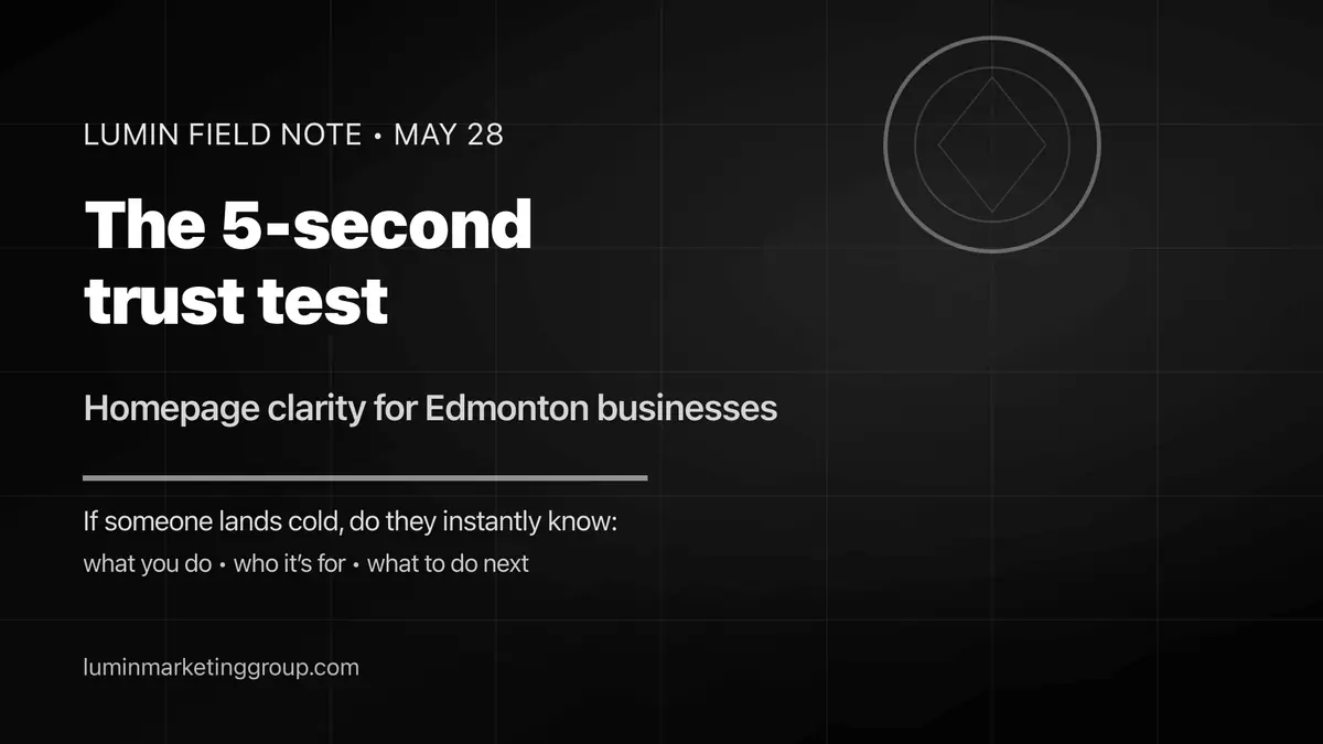 Black cinematic Lumin Marketing Group graphic about the 5-second homepage trust test for Edmonton businesses: clarity, proof, and next-step booking.
