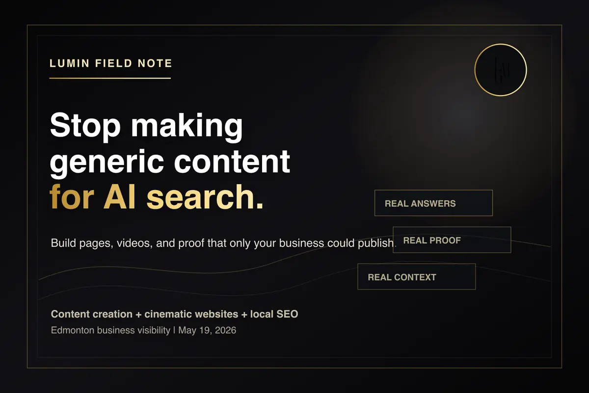 Black cinematic Lumin Marketing Group graphic about non-commodity content, AI search, local SEO, real proof, and Edmonton business visibility.