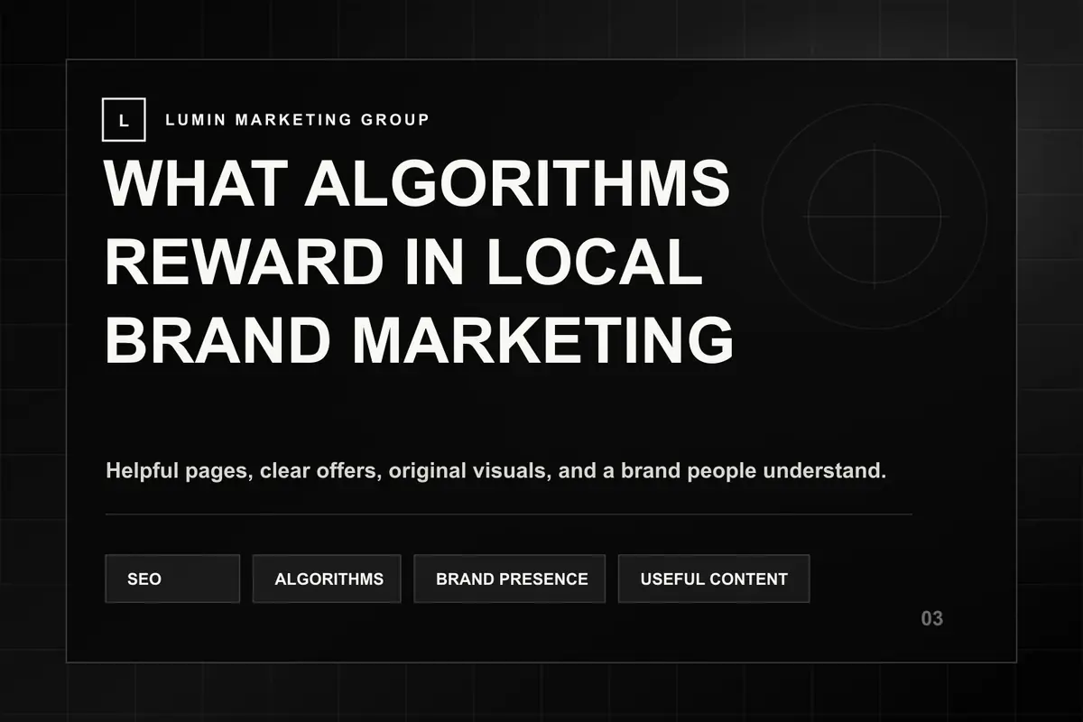 Black-and-white cinematic diagram showing search intent, trust, useful content, and algorithm signals for SEO strategy.