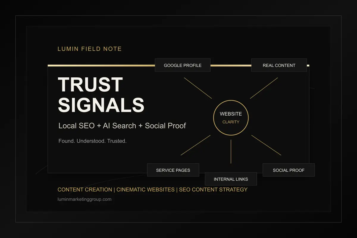 Black cinematic Lumin Marketing Group graphic showing local SEO trust signals, AI search, social proof, Google profile consistency, and website clarity.
