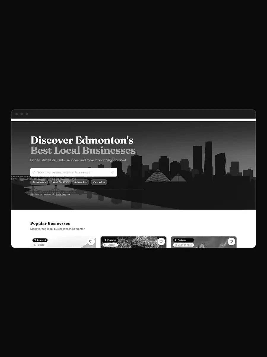 Black-and-white screenshot of the Edmonton Spotlight local business directory built by Lumin.