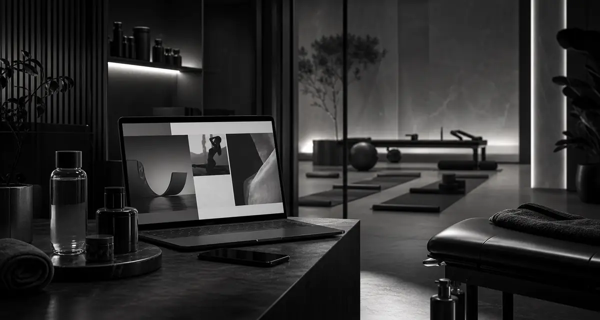 Black-and-white cinematic wellness studio with laptop showing abstract brand visuals.