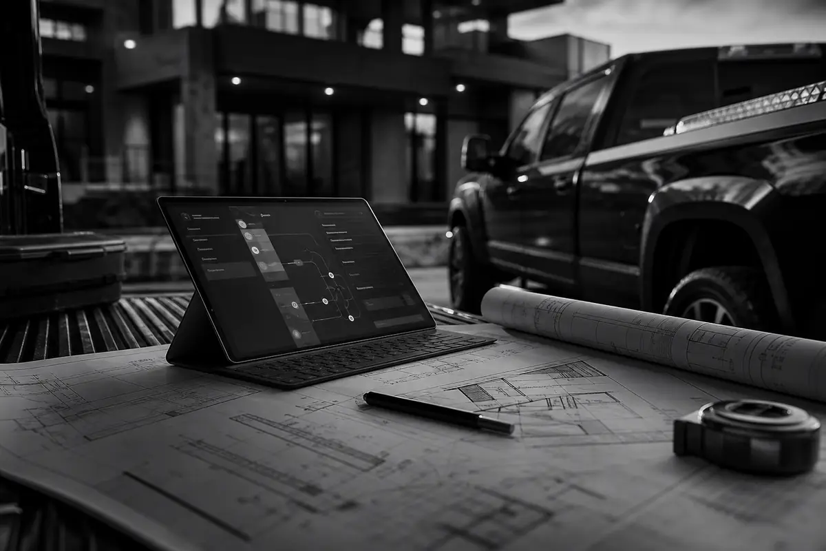 Black-and-white cinematic contractor workspace with tablet dashboard, plans, and work truck.