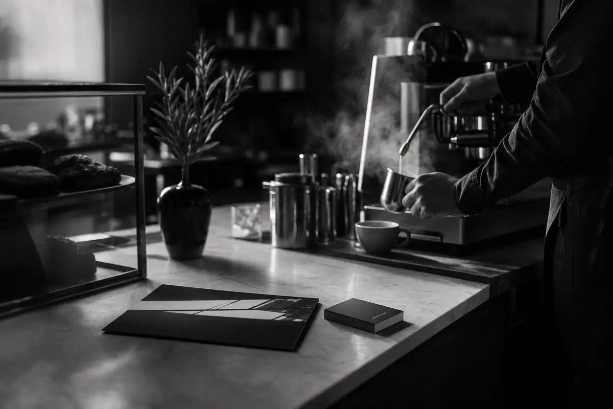 Black-and-white cinematic cafe counter with espresso steam and premium brand materials.