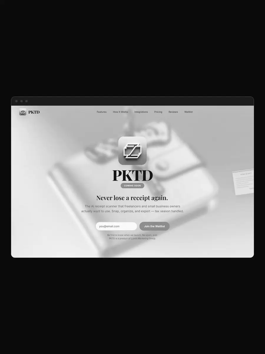 Black-and-white screenshot of the PKTD AI receipt-scanner app site built by Lumin.